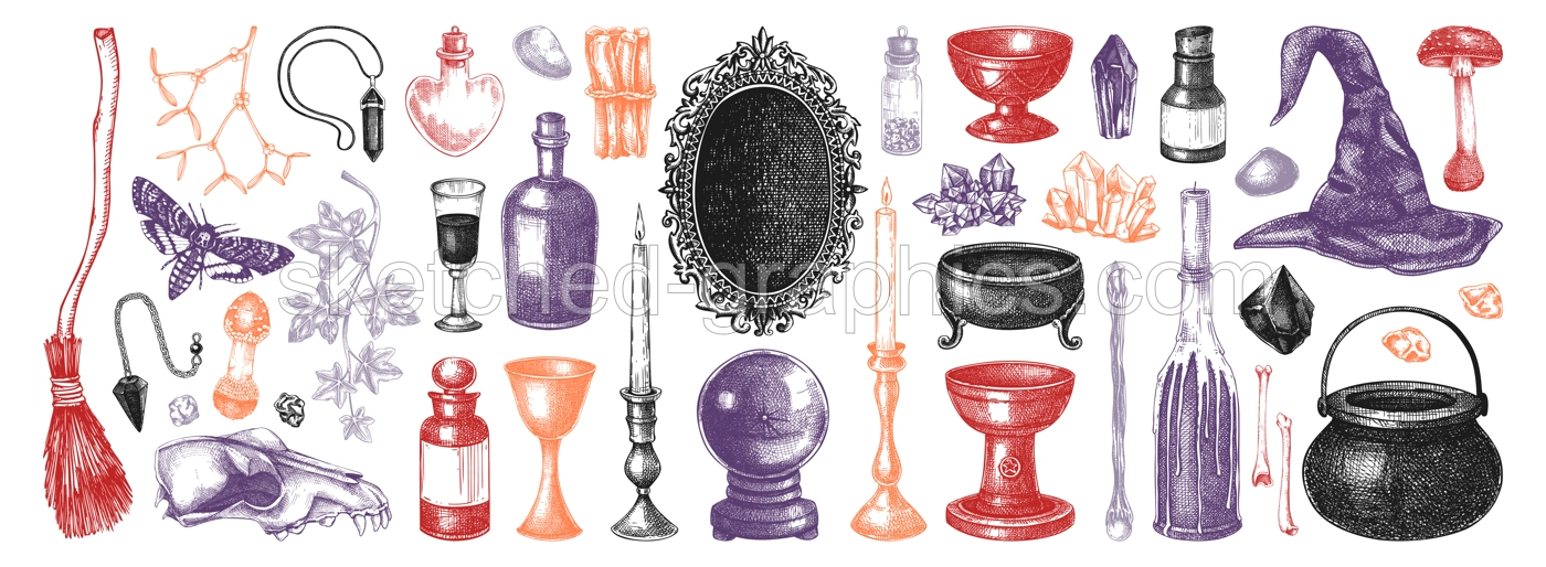 Witchcraft hand-drawn vector illustrations set. Aniique apothecary. Halloween sketches in color. Alchemy design elements. NOT AI generated Illustration